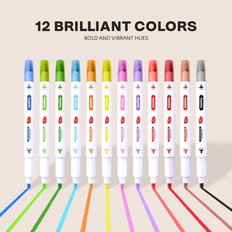 inamio Dry Erase Markers for Whiteboard â€“ Ultra Fine Tip White Board Markers â€“ Dual Tip, Pastel Colors - Fine Point Erasable Markers - 12 Set - Image 2